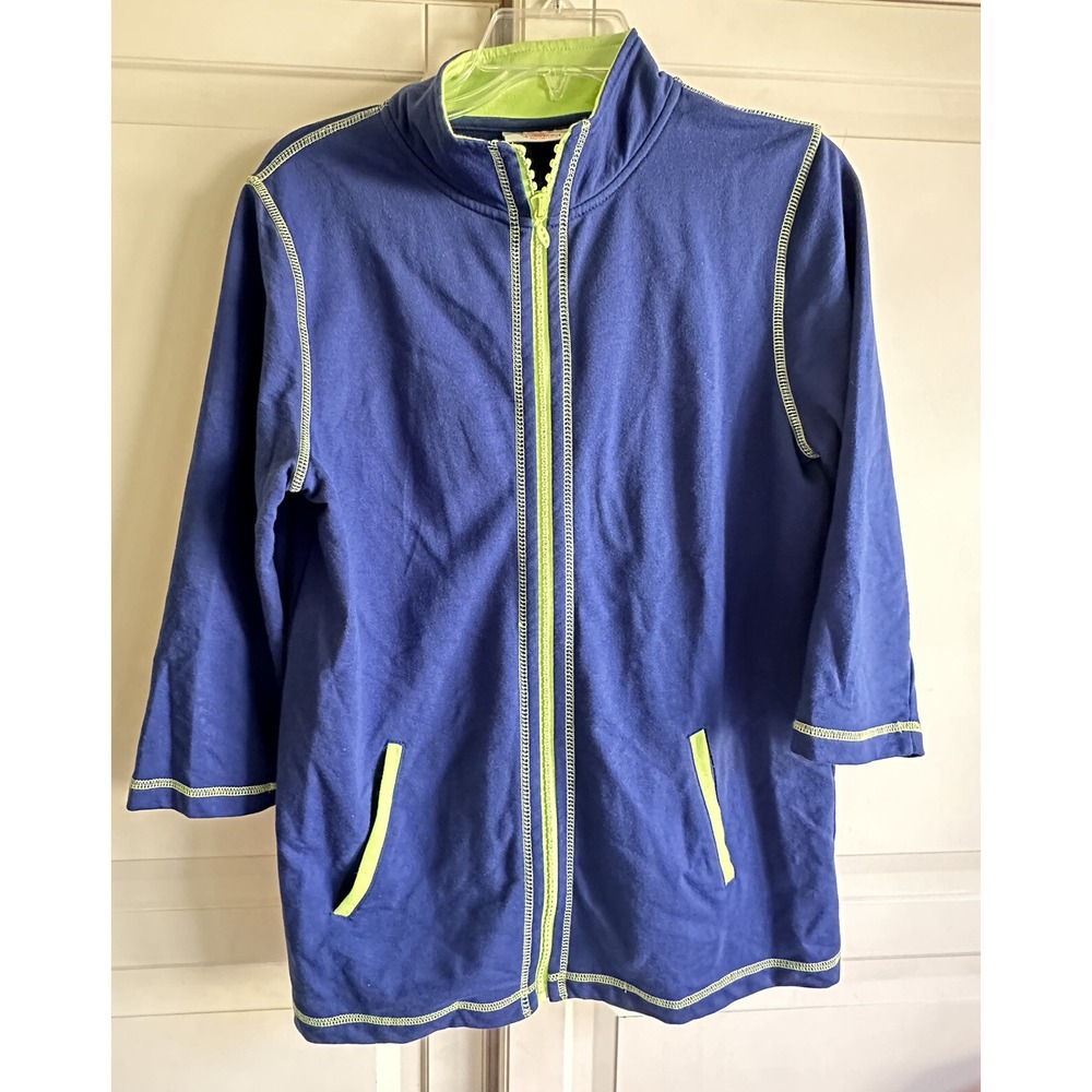 Quacker Factory  Jacket ‎ Womens Small Blue Green 3/4 Sleeve Lightweight Stretch